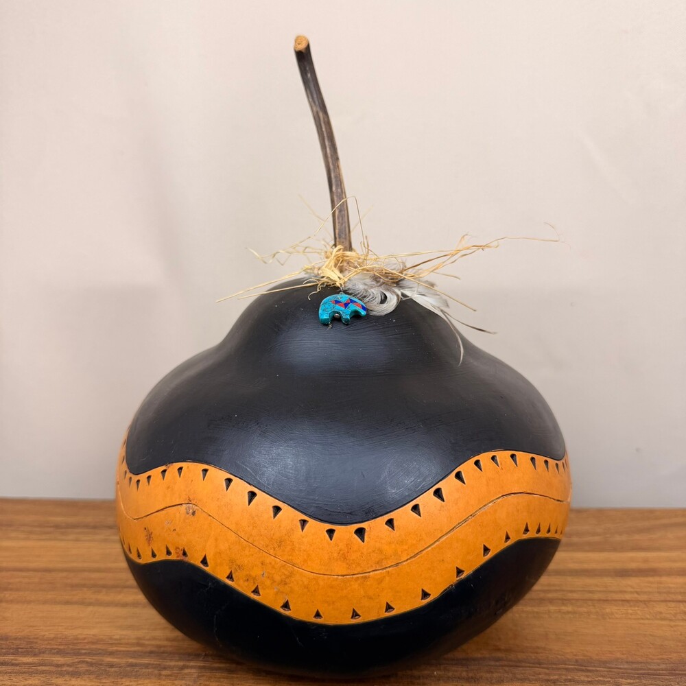 Arias Native American Handcrafted Gourd with Turquoise Bear Charm and Feathers
